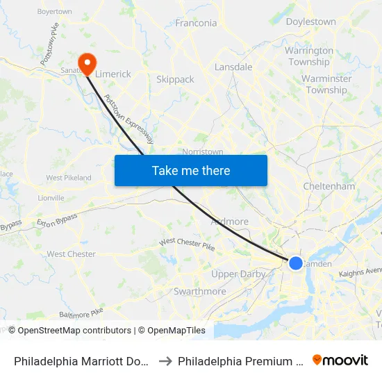 Philadelphia Marriott Downtown to Philadelphia Premium Outlets map