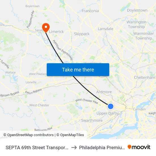 SEPTA 69th Street Transportation Center to Philadelphia Premium Outlets map