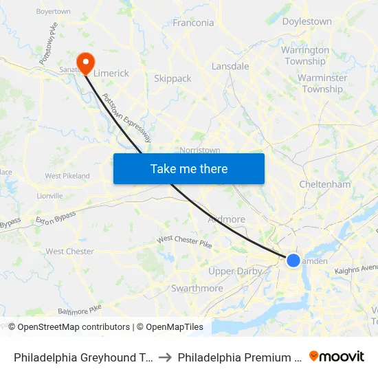 Philadelphia Greyhound Terminal to Philadelphia Premium Outlets map