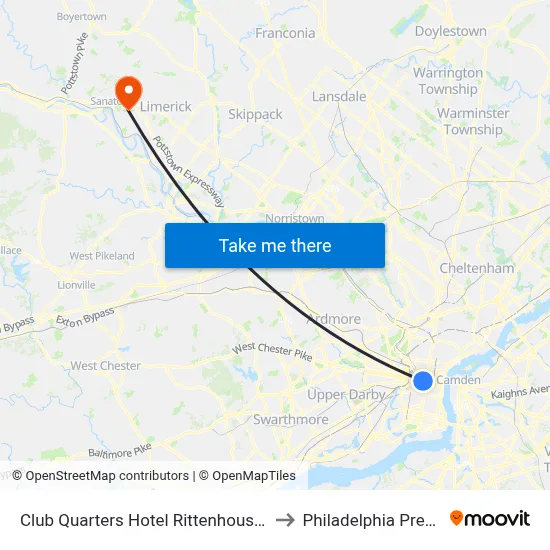 Club Quarters Hotel Rittenhouse Square Philadelphia to Philadelphia Premium Outlets map