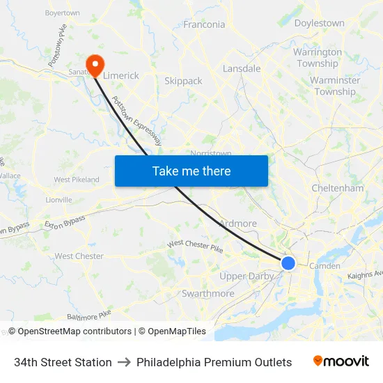 34th Street Station to Philadelphia Premium Outlets map