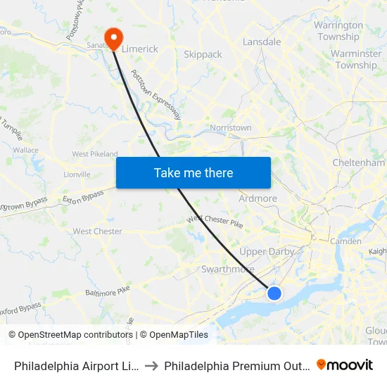 Philadelphia Airport Limo to Philadelphia Premium Outlets map