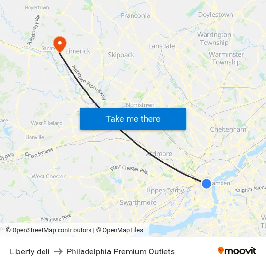 Liberty deli to Philadelphia Premium Outlets map