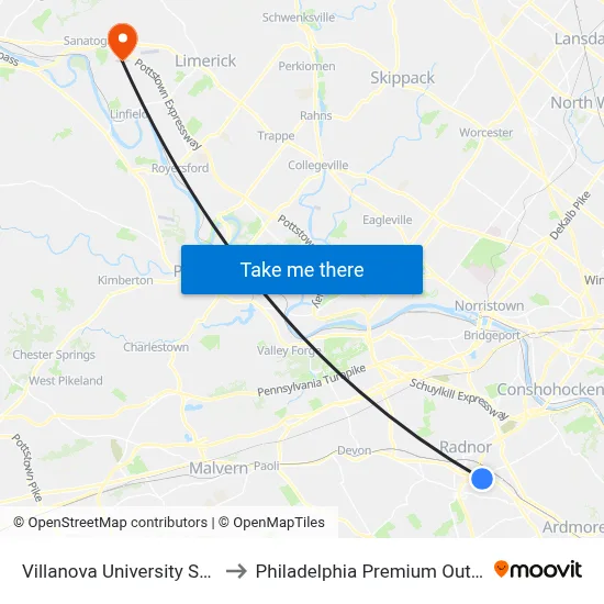Villanova University Shop to Philadelphia Premium Outlets map