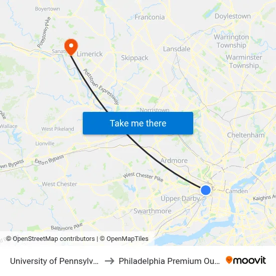 University of Pennsylvania, 4046 Walnut St to Philadelphia Premium Outlets map