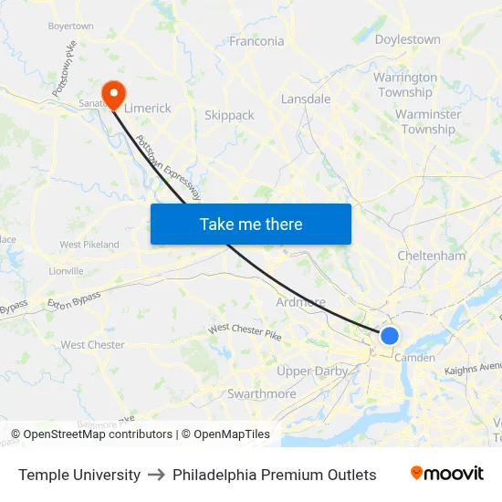 Temple University to Philadelphia Premium Outlets map
