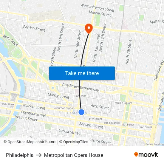 Philadelphia to Metropolitan Opera House map