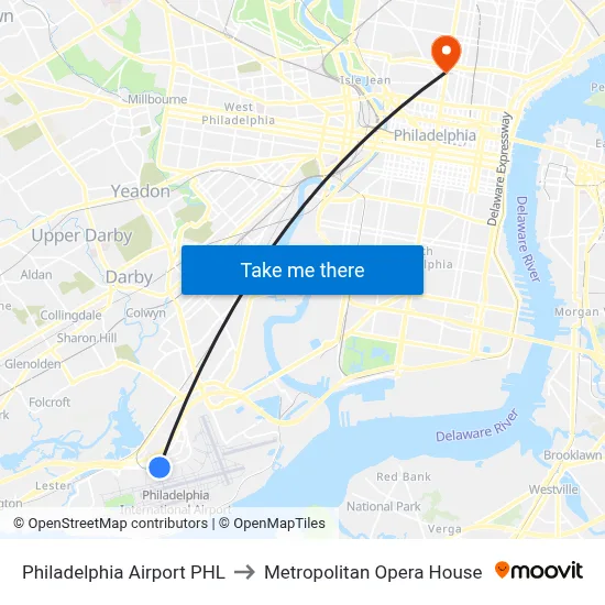 Philadelphia Airport PHL to Metropolitan Opera House map