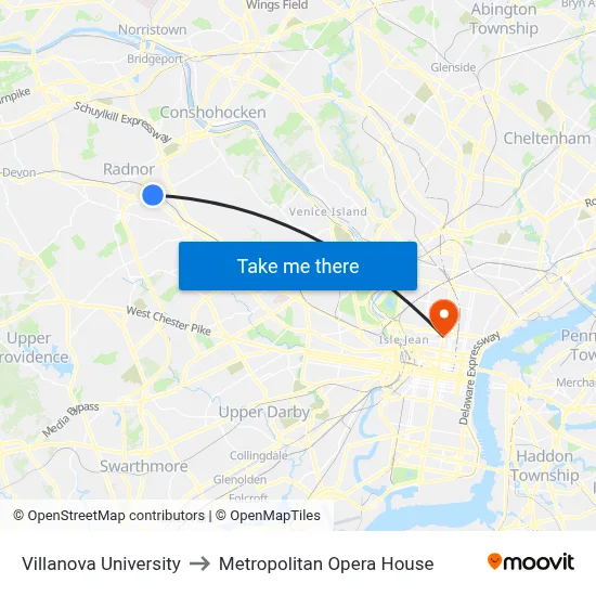 Villanova University, 299 N Spring Mill Rd to Metropolitan Opera House map