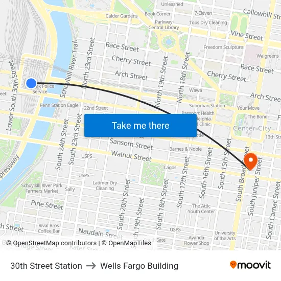 30th Street Station to Wells Fargo Building map