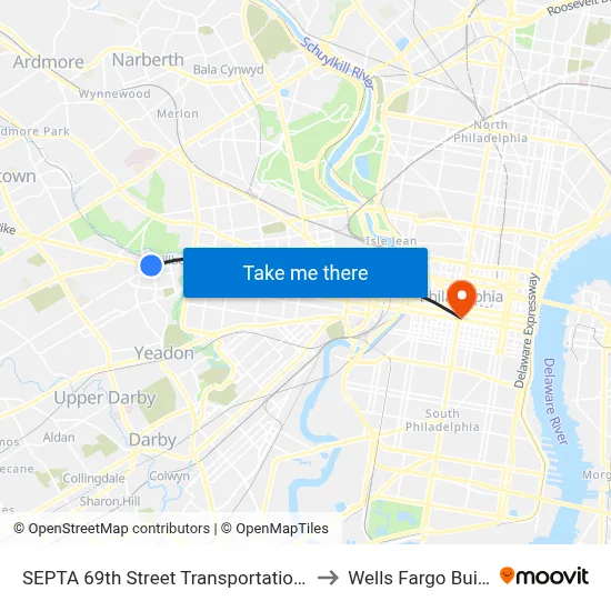SEPTA 69th Street Transportation Center to Wells Fargo Building map