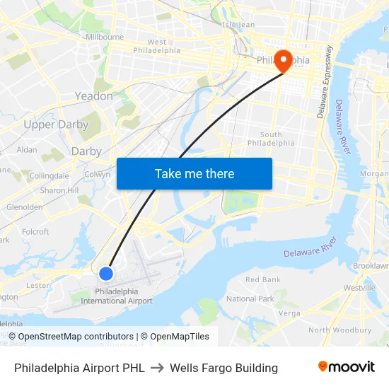 Philadelphia Airport PHL to Wells Fargo Building map