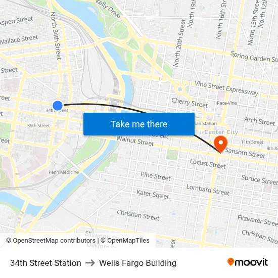 34th Street Station to Wells Fargo Building map