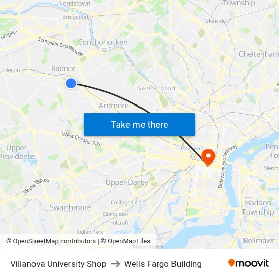 Villanova University Shop to Wells Fargo Building map
