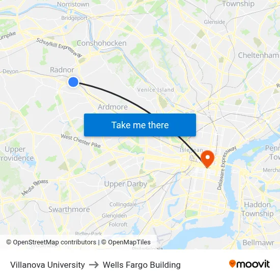 Villanova University, 299 N Spring Mill Rd to Wells Fargo Building map