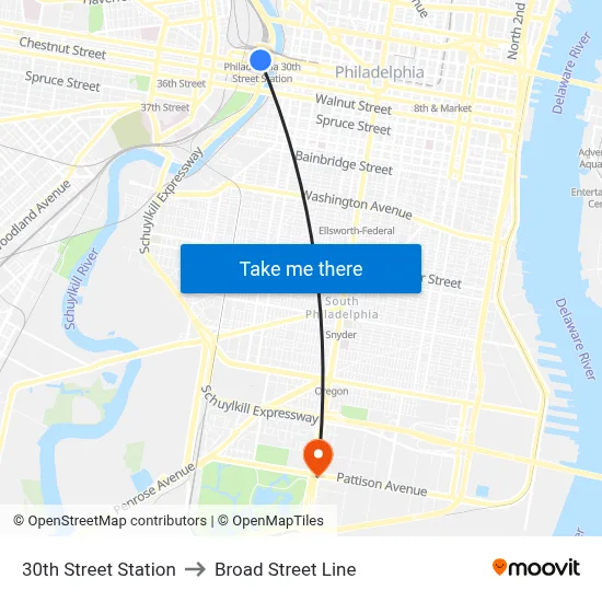 30th Street Station to Broad Street Line map