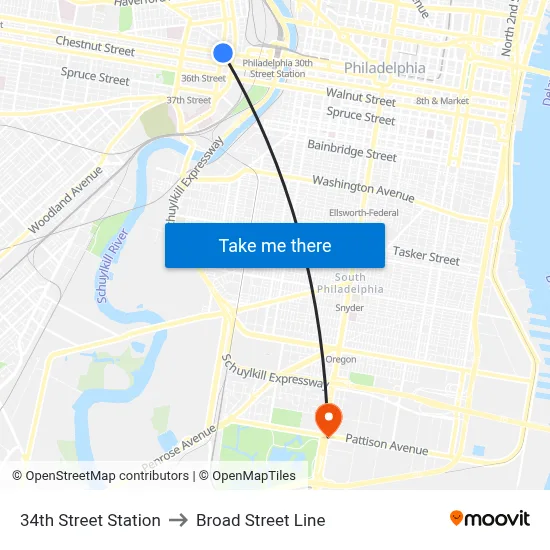 34th Street Station to Broad Street Line map