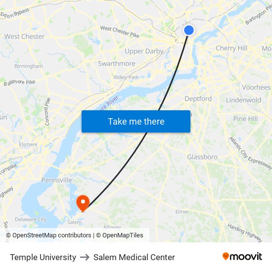 Temple University to Salem Medical Center map