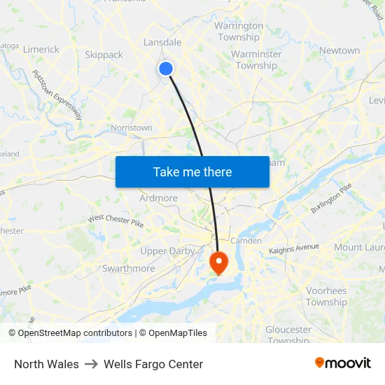 North Wales to Wells Fargo Center map