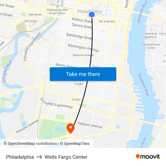 Philadelphia to Wells Fargo Center map