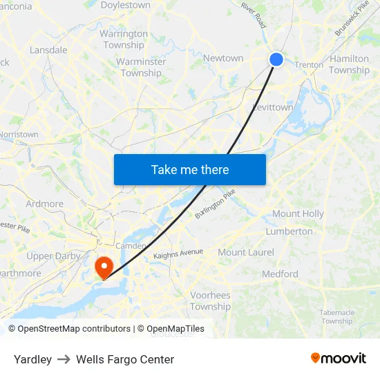 Yardley to Wells Fargo Center map