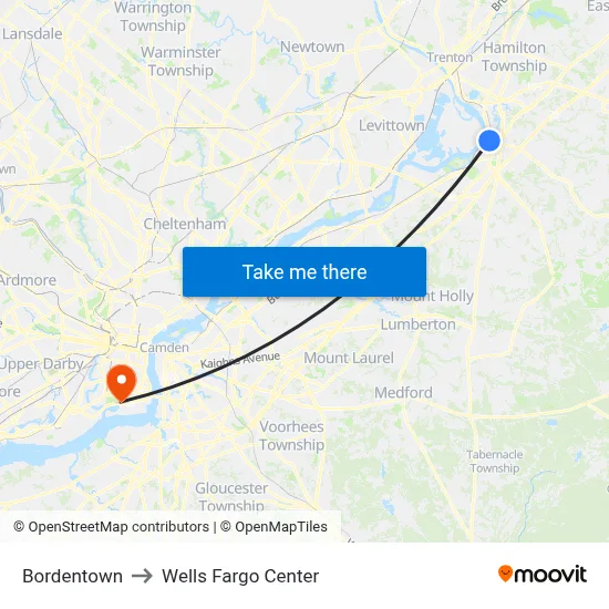 Bordentown to Wells Fargo Center map