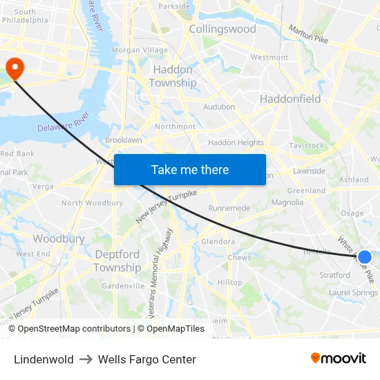 Lindenwold to Wells Fargo Center map