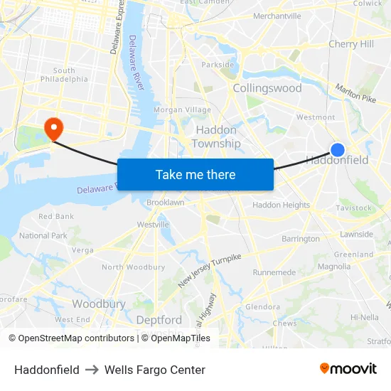 Haddonfield to Wells Fargo Center map