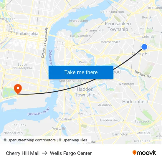 Cherry Hill Mall to Wells Fargo Center map