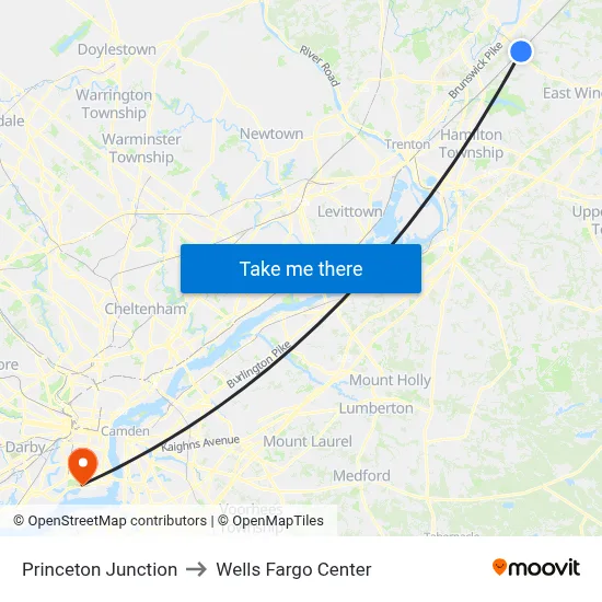 Princeton Junction to Wells Fargo Center map