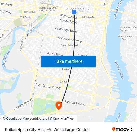 Philadelphia City Hall to Wells Fargo Center map