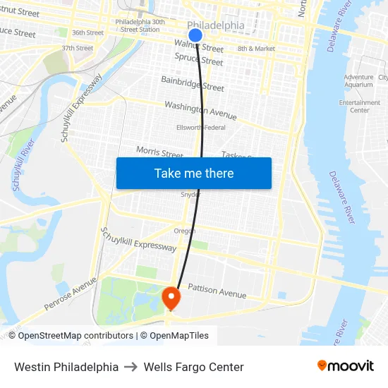 Westin Philadelphia to Wells Fargo Center map