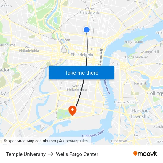Temple University to Wells Fargo Center map