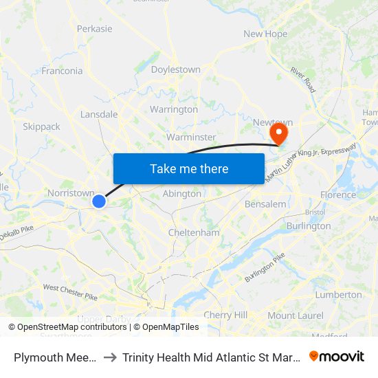 Plymouth Meeting Mall to Trinity Health Mid Atlantic St Mary Medical Center map