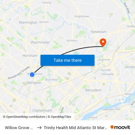 Willow Grove Park Mall to Trinity Health Mid Atlantic St Mary Medical Center map