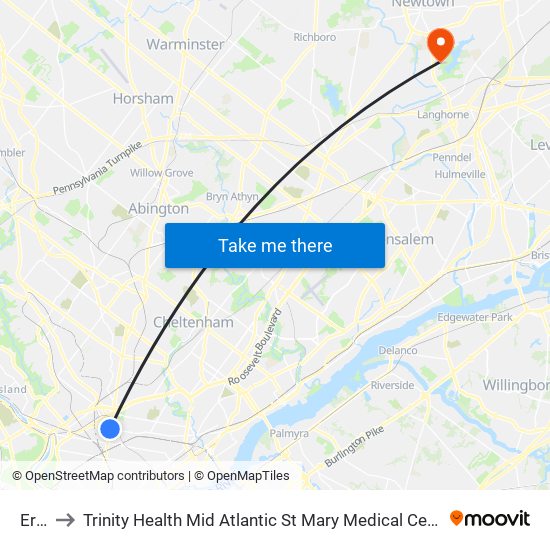 Erie to Trinity Health Mid Atlantic St Mary Medical Center map