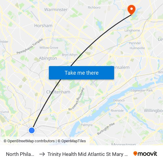 North Philadelphia to Trinity Health Mid Atlantic St Mary Medical Center map