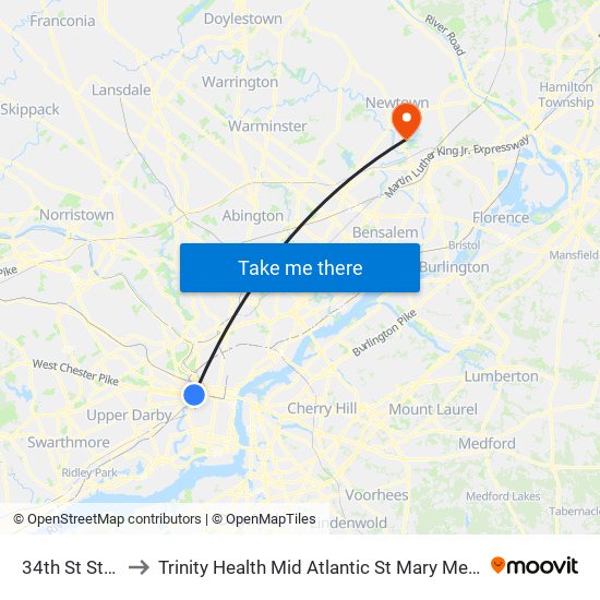 34th St Station to Trinity Health Mid Atlantic St Mary Medical Center map