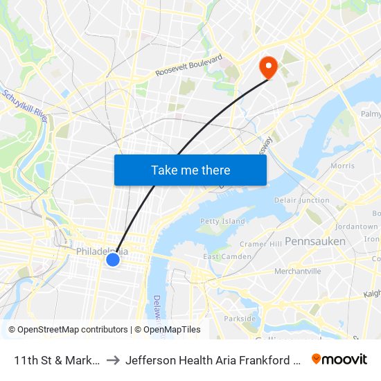 11th St & Market St to Jefferson Health Aria Frankford Hospital map