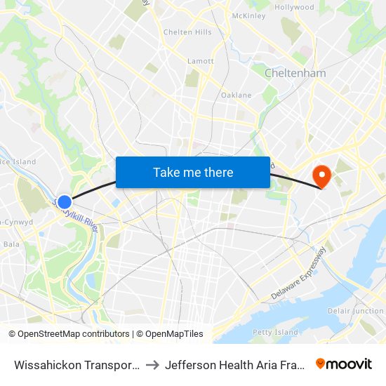 Wissahickon Transit Center to Jefferson Health Aria Frankford Hospital map