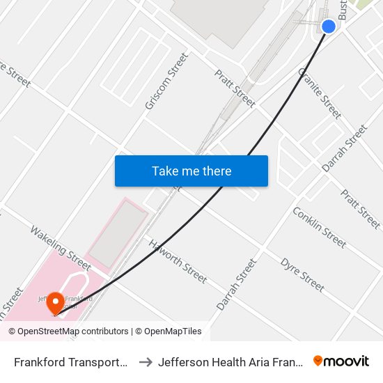 Frankford Transportation Center to Jefferson Health Aria Frankford Hospital map