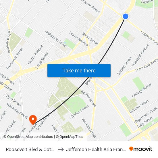 Roosevelt Blvd & Cottman Av - FS to Jefferson Health Aria Frankford Hospital map
