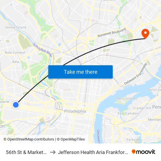 56th St & Market St - Fs to Jefferson Health Aria Frankford Hospital map