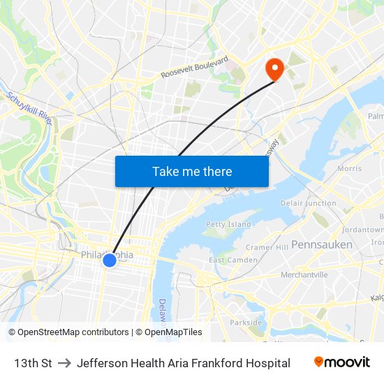 13th St to Jefferson Health Aria Frankford Hospital map