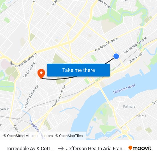 Torresdale Av & Cottman Av Loop to Jefferson Health Aria Frankford Hospital map