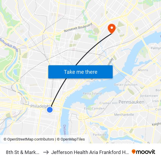 8th St & Market St to Jefferson Health Aria Frankford Hospital map