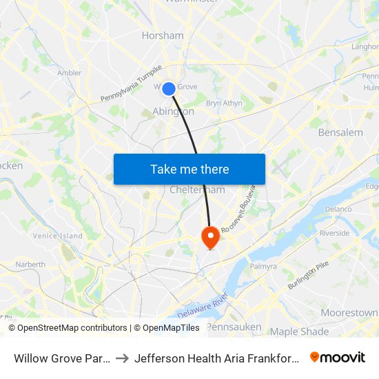 Willow Grove Park Mall to Jefferson Health Aria Frankford Hospital map