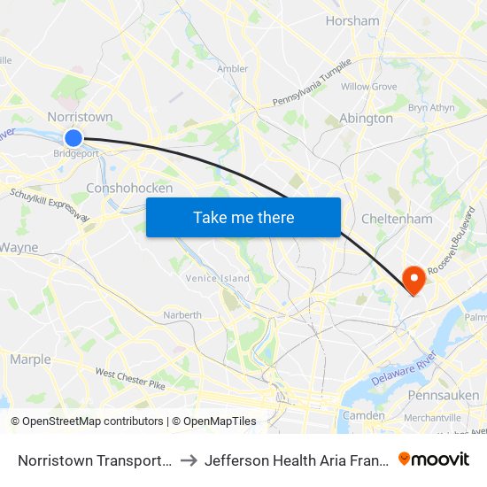 Norristown Transportation Center to Jefferson Health Aria Frankford Hospital map