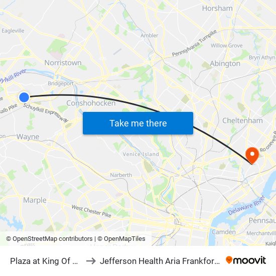 Plaza at King Of Prussia to Jefferson Health Aria Frankford Hospital map