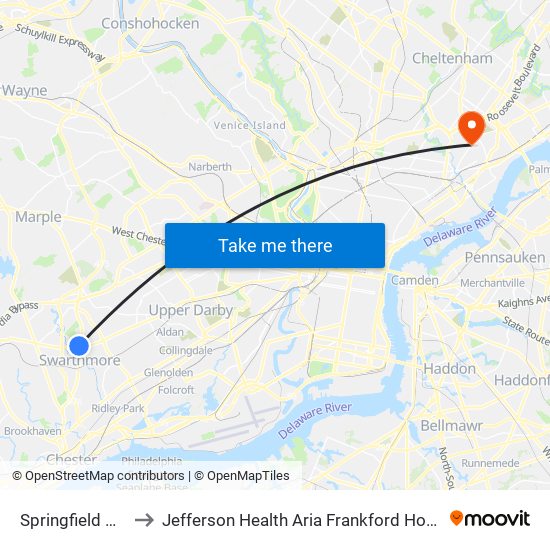 Springfield Mall to Jefferson Health Aria Frankford Hospital map